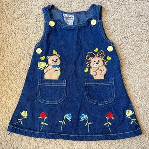 ICZ Vintage 90s Girls 12M Baby Dress Overalls Coveralls Denim Jean Love Bears